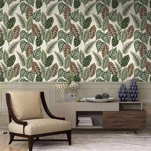Miniatura 2 de VaryStyle Papel tapiz de hojas de palma tropicales de 17.7 x 118 pulgadas, color verde/beige, hojas de palmera botánicas, despegar y pegar, papel