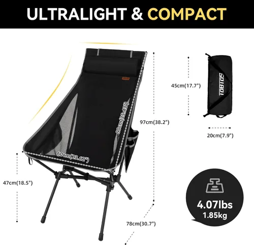 Miniatura 3 de TOBTOS Silla de camping portátil de respaldo alto, soporta 440 libras, silla plegable ultraligera con soporte para la cabeza, silla de mochilero