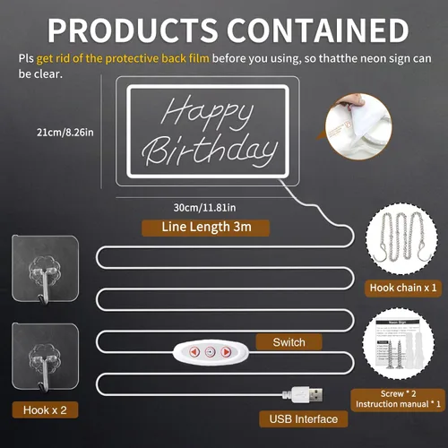 Miniatura 7 de Letrero de neón LED de feliz cumpleaños de 11.8 x 8.3 pulgadas, luz de neón regulable blanca cálida, decoración de pared alimentada por USB