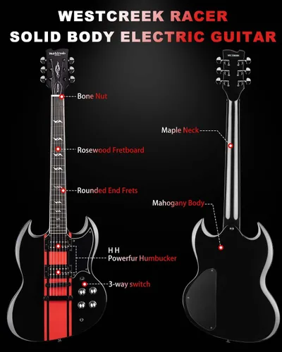 Miniatura 2 de WestCreek RACER - Guitarra eléctrica de cuerpo sólido, guitarra SG, trastes de extremo redondeado, tuerca de hueso, diapasón de palisandro, cuerpo