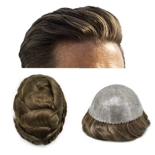 Miniatura 38 de Toupee para hombres Sistema de reemplazo de cabello humano Full Poly Mens Toupee Hairpiece inyectado PU peluca para hombre sistemas de cabello 1B#