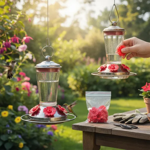 Miniatura 8 de Hyuduo 30 piezas de repuesto para comedero de colibríes, anillos de comedero de colibríes, puertos de alimentación de flores para comederos de Rojo