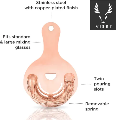 Miniatura 2 de Viski Hawthorne Colador de cóctel, colador de barra de acero inoxidable con acabado de cobre para vasos de mezcla estándar y grandes, coctelera