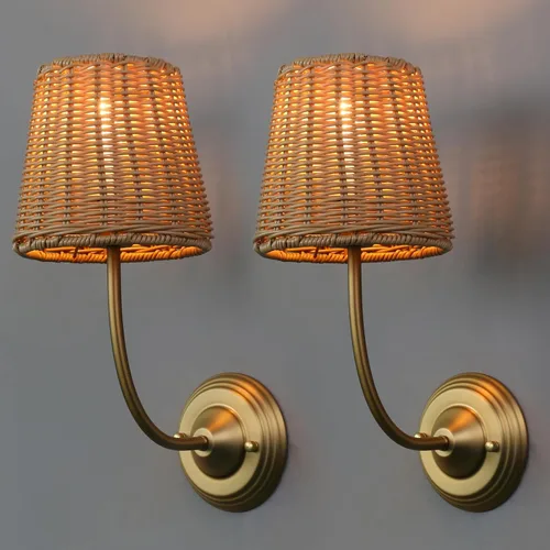 Miniatura 9 de Yosoan Juego de 2 lámparas de pared de ratán estilo bohemio envueltas, lámparas de estilo granja vintage con cableado fijo dorado, trenzado de latón