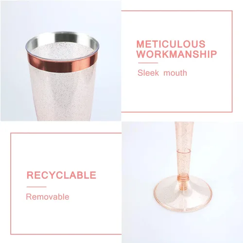 Miniatura 3 de Copas de champán desechables, 6 piezas de purpurina de oro rosa con borde de oro rosa, copas de champán de plástico para fiestas, copas de champán
