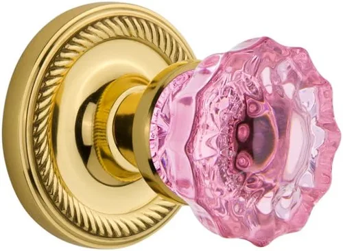 Nostalgic Warehouse 724992 Pomo de puerta de cristal rosa con roseta de cuerda de privacidad en latón pulido, 2.375