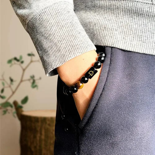 Miniatura 22 de SUMMER LOVE Regalos para el Día del Padre, pulsera con inicial de piedra de ónix negro de 0.394 pulgadas para hombres, pulsera de cuerda trenzada