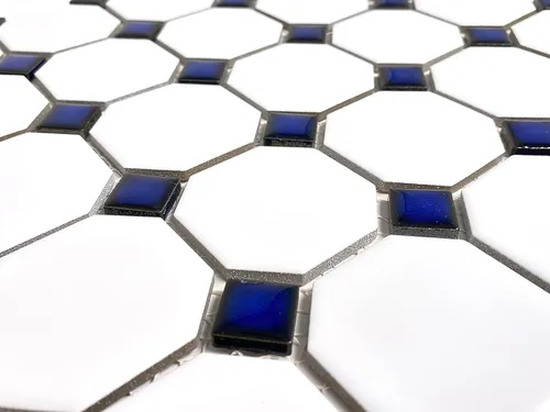 Miniatura 7 de Tenedos Mosaico de porcelana octagonal blanco mate con puntos azules cobalto brillantes, diseño italiano para suelos de baño y salpicaduras