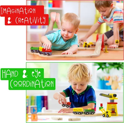 Miniatura 3 de KipiPol Juegos de trenes de madera para niños de 2 a 4 a 7 años – 38 piezas de tren de madera para niños pequeños con grúa, puente y pistas de tren