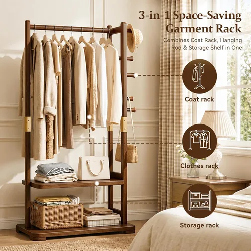 Miniatura 3 de Perchero de madera maciza con 2 estantes y 4 ganchos para colgar ropa, carteras, sombreros, estante de ropa resistente, perchero para abrigos