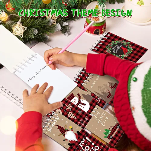 Miniatura 7 de Funrous 24 Piezas Mini Blocs de Notas en Espiral de Navidad, Tema Navideño de Cuadros Búfalo, Mini Bloc de Notas Pequeño con Patrón de Muñeco