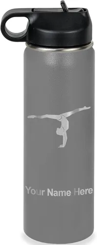Miniatura 20 de LaserGram Botella de agua personalizada, gimnasta niña, acero inoxidable de doble pared aislada al vacío con popote superior, regalo grabado Azul