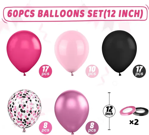 Miniatura 2 de Globos rosados y negros, 60 piezas de 12 pulgadas, color rosa intenso, rosa claro, negro, confeti, globos metálicos rosados para fiesta temática