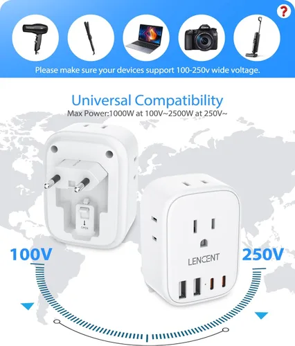 Miniatura 6 de LENCENT - Paquete de 2 adaptadores de enchufe de viaje europeos, enchufe plegable tipo C de Estados Unidos a Europa con 4 tomas, 4 puertos USB