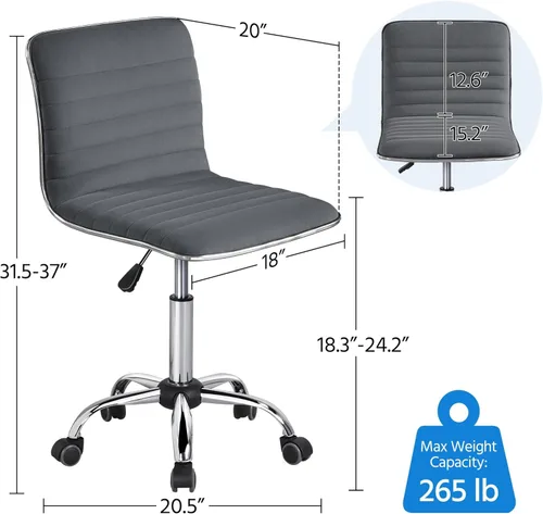 Miniatura 3 de Yaheetech Silla de oficina de terciopelo con respaldo bajo acanalada sin brazos y altura ajustable, giratoria para tareas, gris oscuro