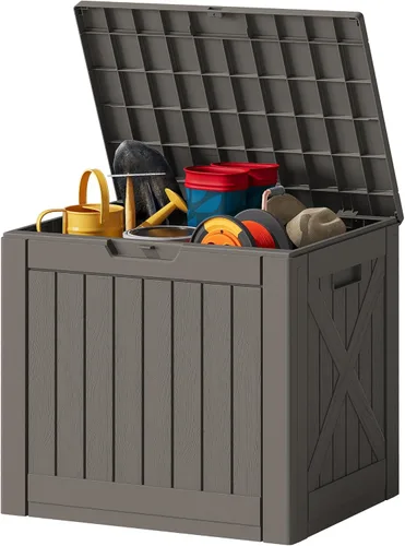 Miniatura 26 de JUMMICO Caja de resina de 31 galones, cajas de almacenamiento impermeables para interiores y exteriores para muebles de patio, cojines y Negro