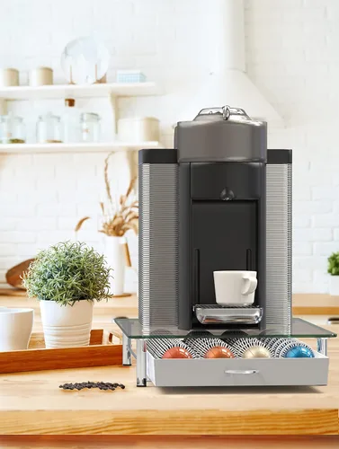 Miniatura 7 de DecoBrothers Cajón Organizador de Cápsulas de Vidrio Templado de Cristal Vertuo, Organizador de 28 Cápsulas Grandes o 56 Pequeñas Nespresso, Blanco