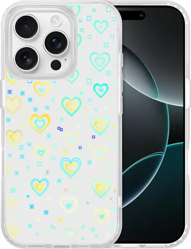Miniatura 6 de Jusy Compatible con iPhone 13 Pro, funda holográfica con diseño de corazón iridiscente y transparente Kawaii para mujer, diseño de arco iris