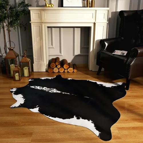 Miniatura 4 de BENRON Alfombra Premium de Cuero de Vaca Negro, Alfombras de Piel de Vaca Sintética para Sala de Estar Dormitorio Decoración del Hogar Occidental