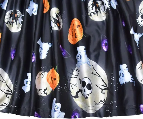 Miniatura 5 de Mini vestido de Halloween para niñas pequeñas, con volantes y manga corta, estampado de calabaza, acampanado, mini vestido de falda para otoño