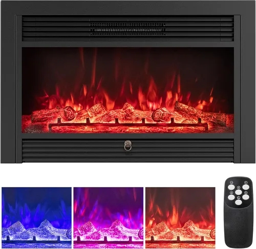 Miniatura 11 de RELAX4LIFE Insertos de chimenea eléctrica de 28.5 pulgadas, calentador de chimenea empotrado en la pared y en la pared con 3 colores de llama, 5