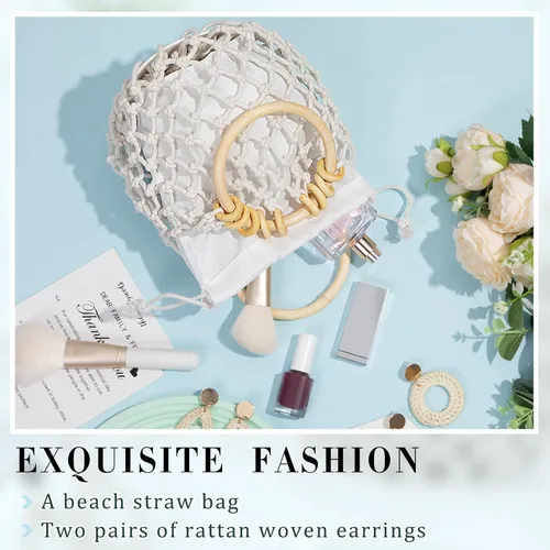 Miniatura 4 de Sweetude Mini bolso de mano de mano, 2 pares de aretes de ratán para mujeres y niñas, bolso de mano tejido bohemio con cordón