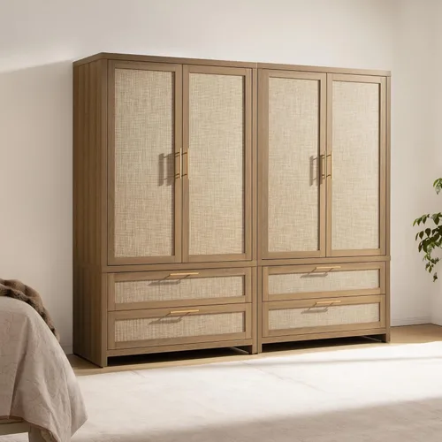 Miniatura 13 de SICOTAS Armario Ropero Gabinete de Ratán, Gabinete de Almacenamiento de 71" con Puertas, 2 Cajones y Barra Colgante, Organizador de Ropa Boho Roble