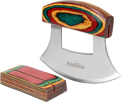 Cortador de Pizza Chef Mezzaluna Ulu Amhoo, Cuchillo con Mango Color Madera, Cortador Basculante Afilado con Hoja de Acero Inoxidable, Picador de