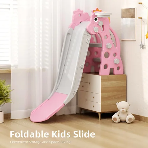 Miniatura 7 de GLAF Tobogán Interior para Niños Pequeños de 1-3 Años, Tobogán para Bebés, Juego Exterior con Aro de Baloncesto y Pelota, Toboganes Plegables de Rosa