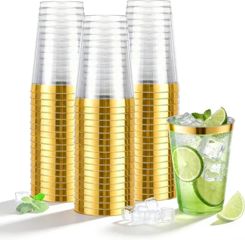 N9R 72 vasos de plástico dorados, vasos de plástico transparente de 12 onzas con borde dorado, vasos desechables perfectos para fiestas, bodas y