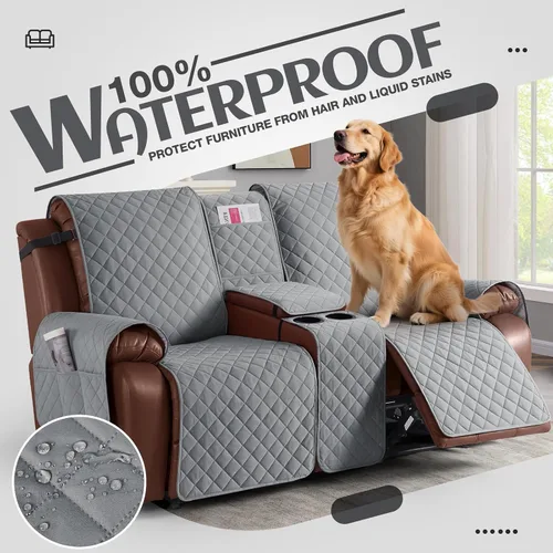 Miniatura 3 de KinCam Funda 100% impermeable para sofá biplaza reclinable con consola, fundas antideslizantes para sofá reclinable de 2 asientos, funda de sofá Gris