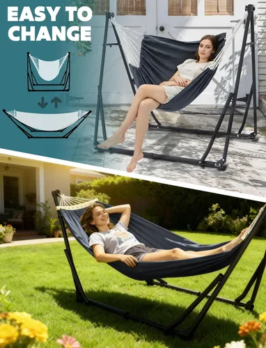 Miniatura 2 de Anyoo Hamaca y silla oscilante 2 en 1 con soporte de acero plegable y funda de transporte, portátil y ajustable, fácil de instalar para exteriores