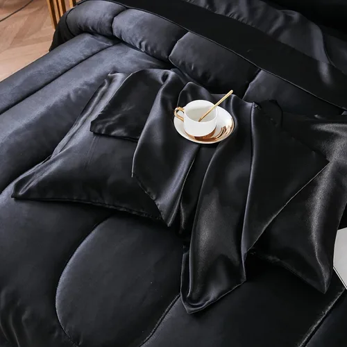 Miniatura 7 de Bedding_Dreamer Juego de edredón sedoso negro de satén en una bolsa, 8 piezas de ropa de cama sedosa de hotel de lujo con 1 edredón, 1 sábana