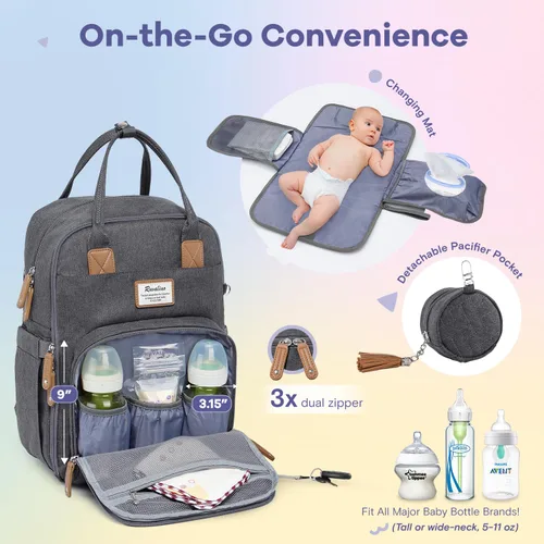 Miniatura 4 de RUVALINO - Mochila para pañales neutros todo en uno para niños y niñas, mochila de viaje grande multifunción con cambiador portátil, correas