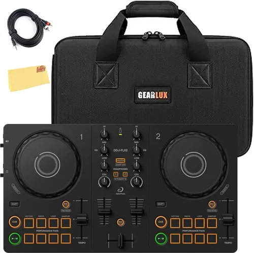 Pioneer DJ AlphaTheta DDJ-FLX2 Paquete de controlador DJ compacto de 2 canales con estuche, cable para instrumentos y paño de pulido Austin Bazaar