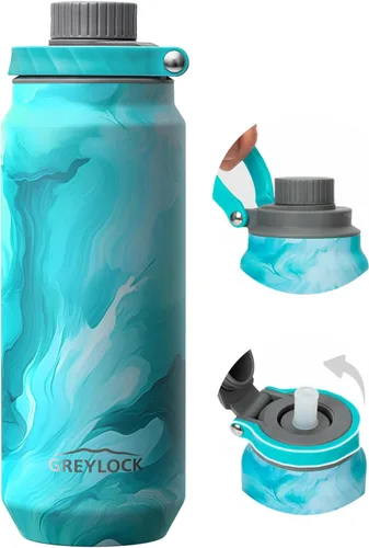 Miniatura 17 de GREYLOCK Botella de agua aislada de 24 onzas con tapa con popote, botella de acero inoxidable reutilizable a prueba de fugas, fría y caliente las 24