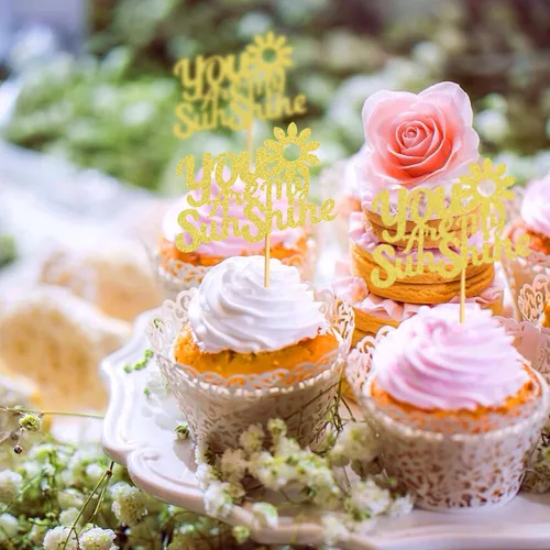 Miniatura 5 de 24 adornos dorados con purpurina para cupcakes con texto en inglés "You are My Sunshine", para baby shower, baby shower, revelación de género