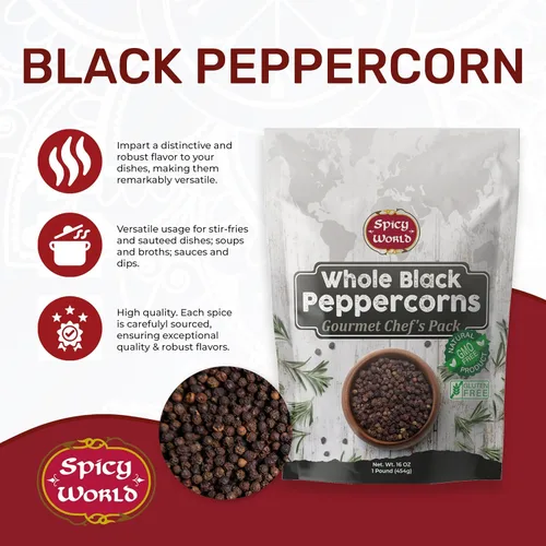Miniatura 2 de Spicy World Granos de pimienta negra enteros, 1 libra (16 onzas) - Granos de pimienta Tellicherry esterilizados al vapor sin OMG para recambio