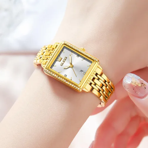 Miniatura 2 de OLEVS Reloj de mujer de oro de acero inoxidable, reloj de cara cuadrada pequeña con decoración de diamantes, reloj de vestir de cuarzo analógico