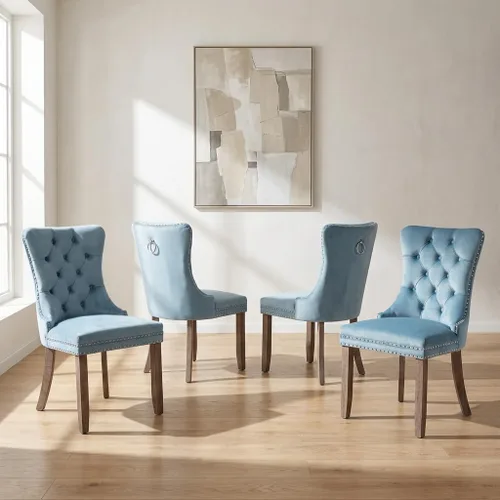 Miniatura 39 de OVENTA Juego de 4 sillas de comedor modernas tapizadas copetudas, terciopelo negro y gris y cuero con patas de madera maciza, sillas de cocina