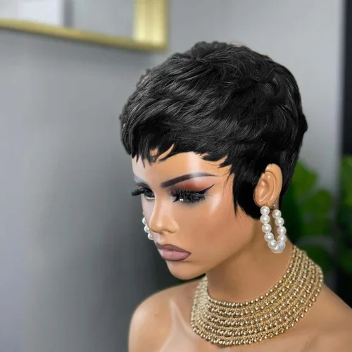 Miniatura 9 de PangDongLai Pelucas de cabello humano con corte Pixie para mujeres negras, pelucas de corte Pixie en capas con flequillo, sin pegamento, cabello