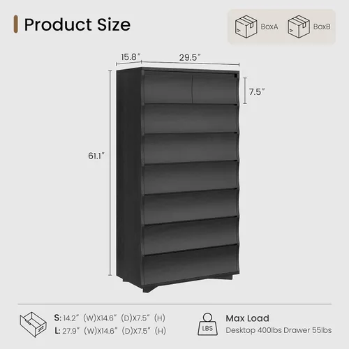 Miniatura 2 de Cómoda alta negra para dormitorio, cómoda de 61.1 pulgadas de alto con 8 cajones, cómodas de madera y cómodas, organizadores de cajones verticales