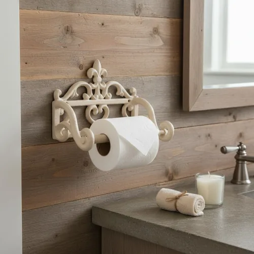 Miniatura 7 de Comfy Hour Soporte decorativo de papel higiénico de hierro fundido, organizador de rollos de papel victoriano blanco montado en la pared, acento