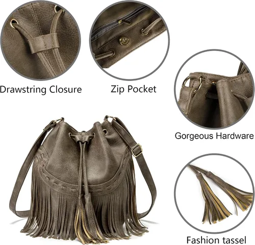 Miniatura 5 de Bolsos de cuero para mujer, bolsos cruzados con flecos con cordón para mujer, borla y bolsos de hombro