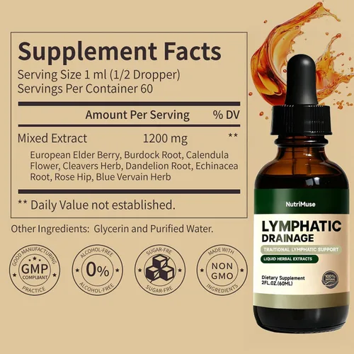 Miniatura 2 de Gotas de drenaje linfático con saúco y equinácea, sin OMG, para apoyo inmunológico, desintoxicación natural y flujo linfático, sin alcohol, 2 onzas