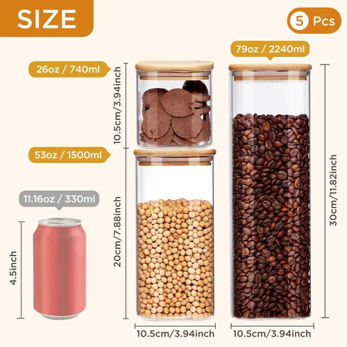 Miniatura 2 de Tarros de almacenamiento de vidrio cuadrados con tapas[Juego de 5], perfectos para pasta, galletas, nueces, café, cereal, harina, organice su cocina