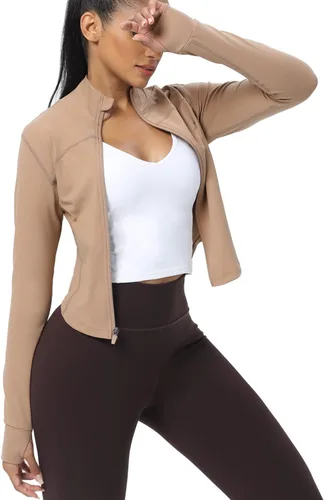 Miniatura 80 de AVGO Chaquetas de entrenamiento recortadas para mujer, con cremallera, ajustadas, atléticas, con agujeros para el pulgar