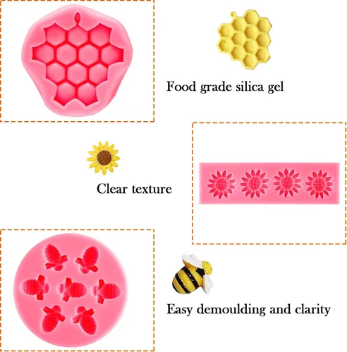 Miniatura 3 de Juego de 4 moldes de silicona para tartas con temática de panal de girasol y abeja, para decoración de pasteles, decoración de cupcakes, fondant
