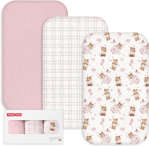 Miniatura 30 de Gllquen Baby Sábanas de Muselina para Moisés Paquete de 3, Sábanas Ajustadas de Algodón Transpirables Elásticas y Acogedoras para Colchón de Moisés