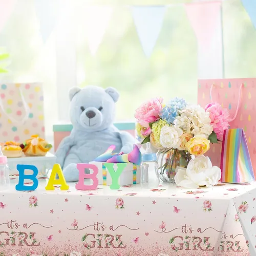 Miniatura 6 de Paquete de 1 mantel floral para baby shower, decoración de baby shower, decoración de fiesta de nacimiento con flores rosas para niñas, mantel